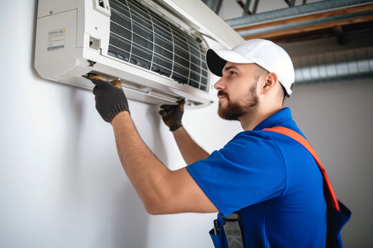 HVAC technician installing a mini split air conditioner in Lafayette