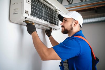 360_F_621046421_Vcay4nYa8ozdeodOQVDfES6MRrC6N3b8 Air conditioning technician servicing a wall-mounted AC unit in Lafayette, CO
